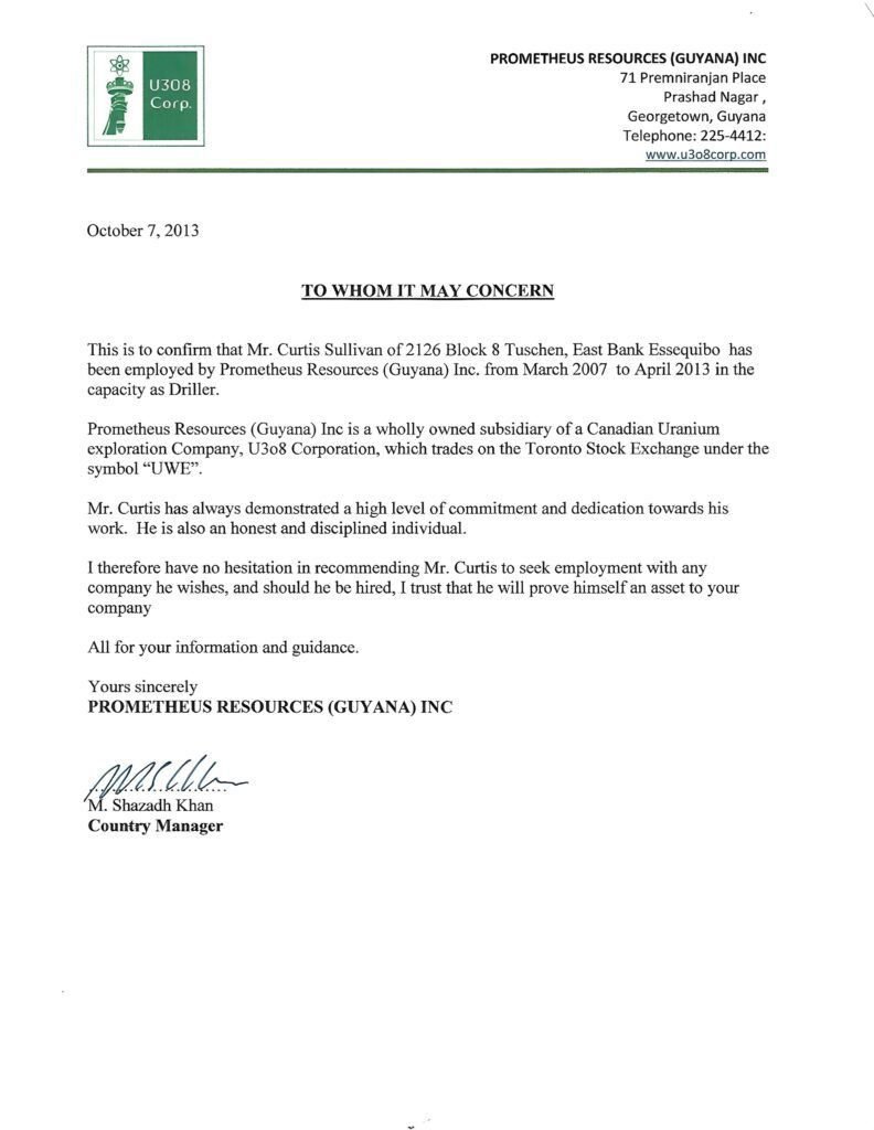 Prometheus Resources (Guyana) Inc. Letter of Recommendation